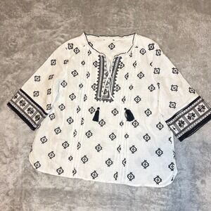 John Mark Tunic Top 3X Embroidered Split V-Neck 3/4 Sleeve Tassel 100% Linen